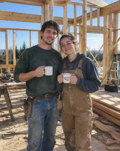 A couple in front of the wooden frame of a house under construction