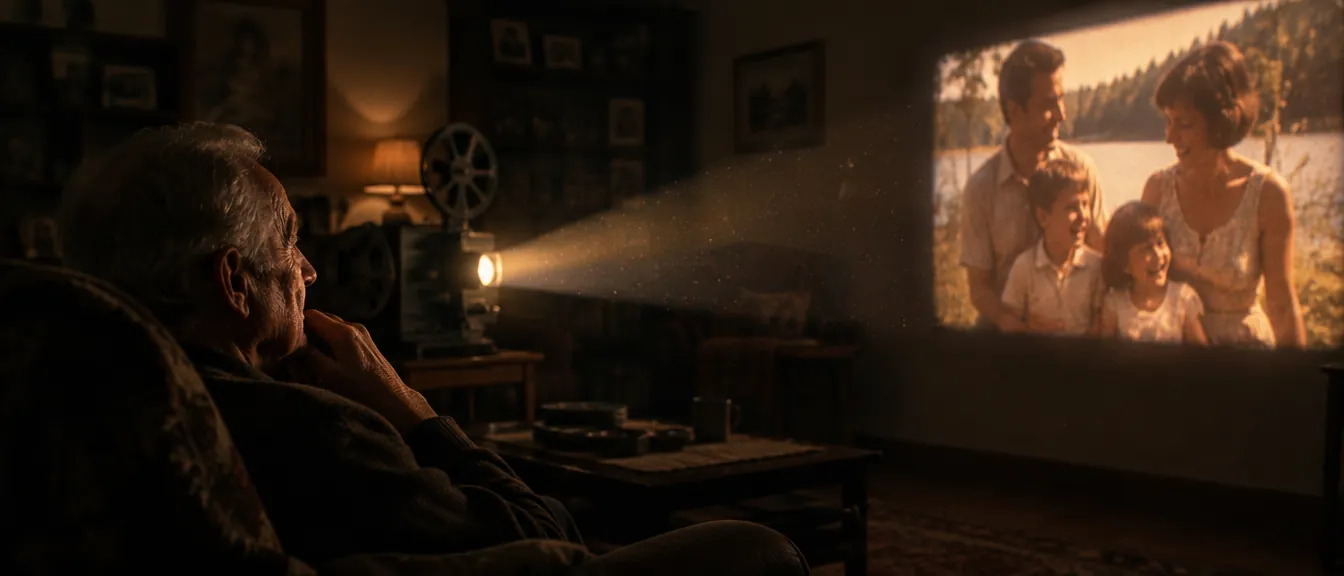 A family watches a film projected on the wall of a dark room