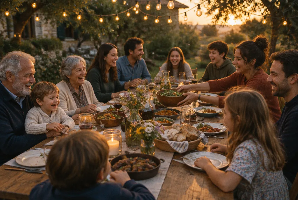 A family gathered around an outdoor table at dusk