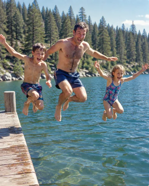 Three people jump off a dock into a lake