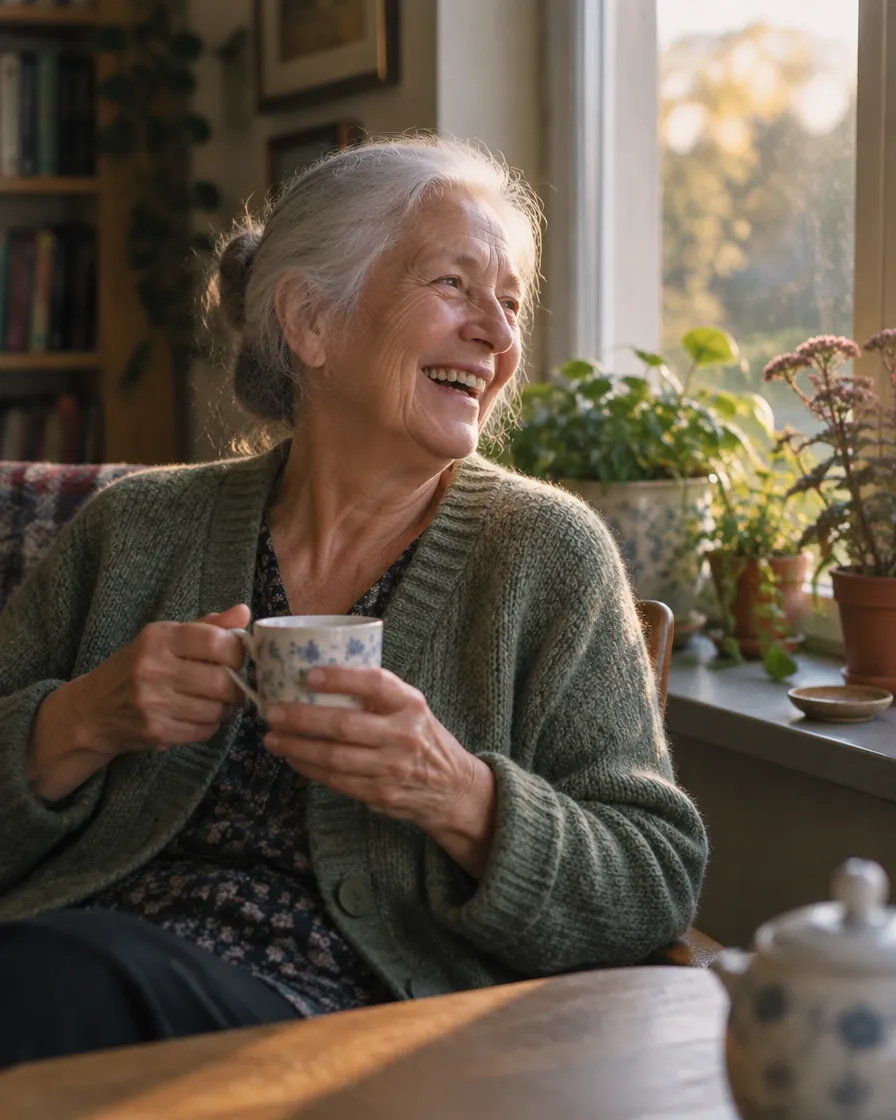 An older woman smiles over a cup of tea by the window