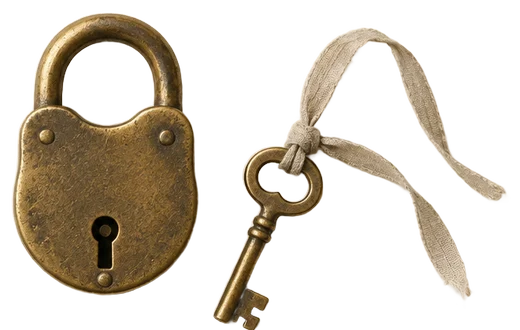 Antique brass padlock with its key tied to a ribbon