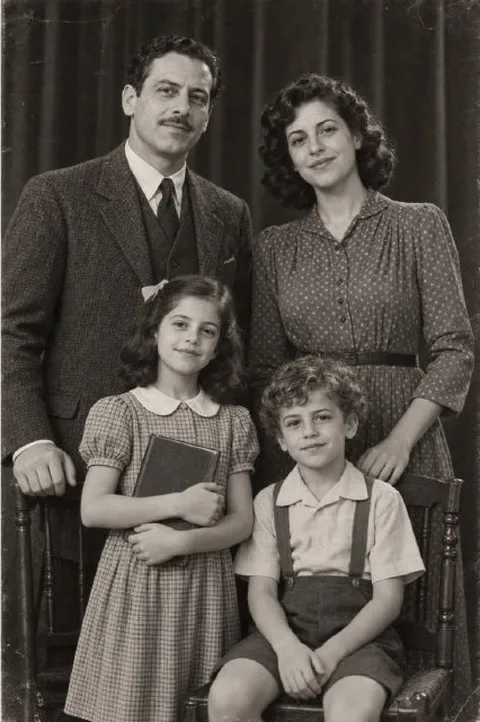 Old family photo: father, mother, and two children
